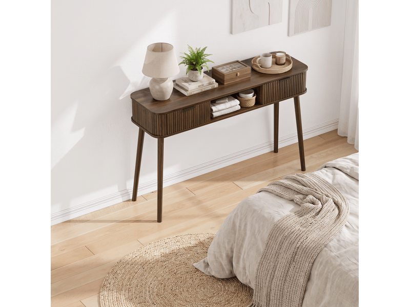  Table console avec 2 tiroirs et niche ouverte 120 cm noyer evryae  - Conforama C