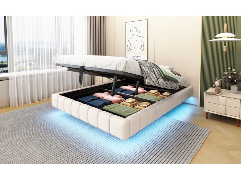  Lit coffre sans tête de lit 140 x 200 cm, coffre à relevage hydraulique, éclairage led, sans tête de lit, effet suspendu, tissu effet lin, beige ABC - Conforama E