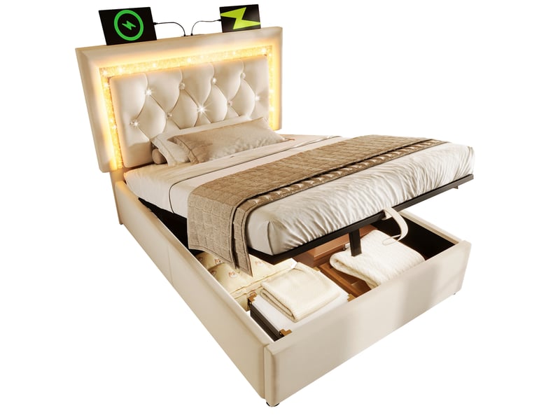  Modenvie lit coffre 1 place 90x200 cm - led intégrée, ports usb et usb-c, matelas inclus - beige  - Conforama A