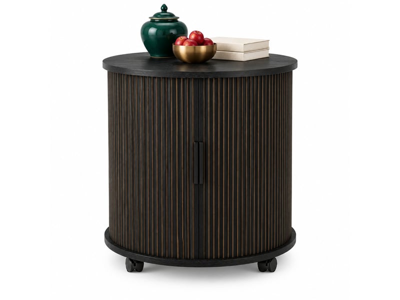  Table de chevet cylindrique  60 x 60 x 60 cm avec prise et 2 ports usb, porte coulissante, roulettes, mdf noir  - Conforama D