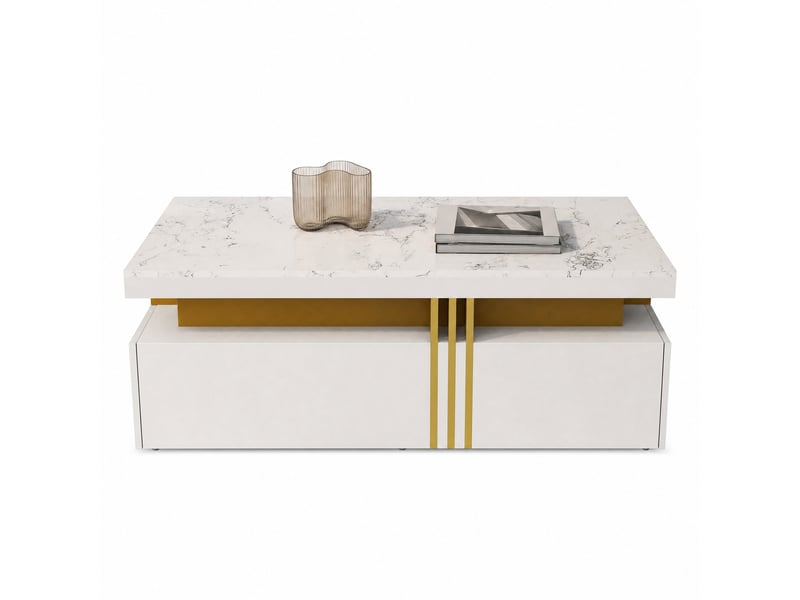  Meuble tv blanc moderne avec 3 tiroirs et détails dorés – 200 x 40 x 42 cm  - Conforama A