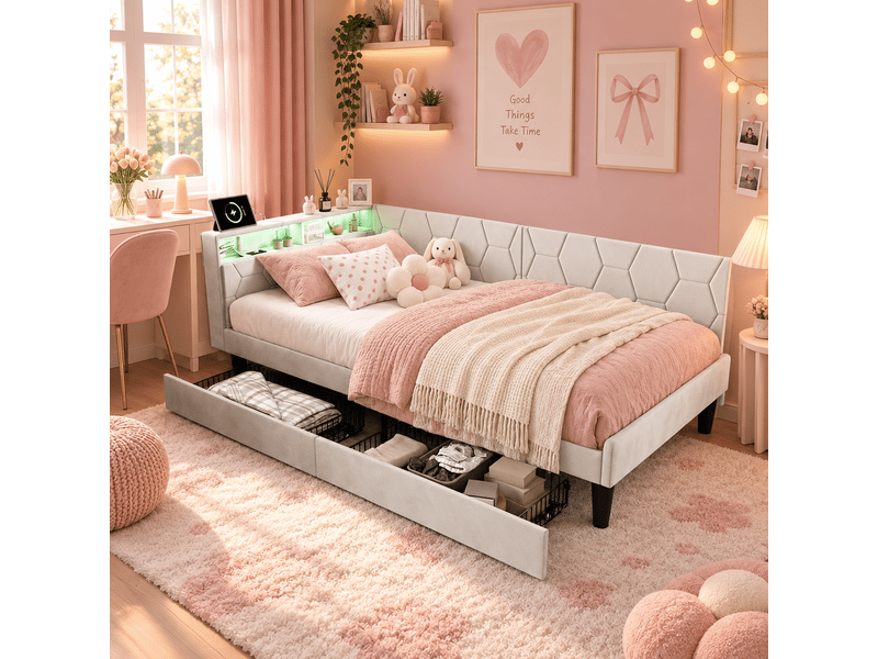 Canapé-lit 90x200 cm avec lampe led et port usb, lit rembourré avec 2 tiroirs, lit simple avec sommier à lattes, lit banquette, lit avec rangement, gris velours, matelas non inclus - Conforama B