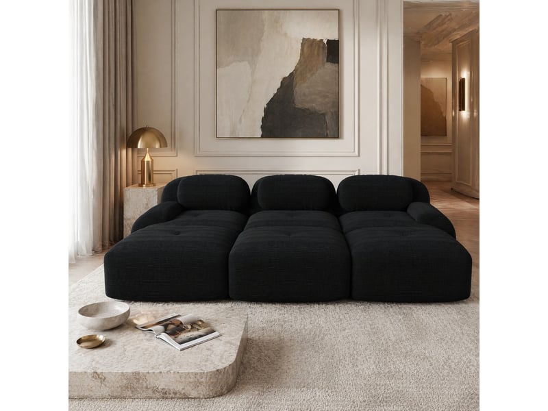  Canapé modulable 3 places avec 3 poufs en velours côtelé noir  - Conforama C