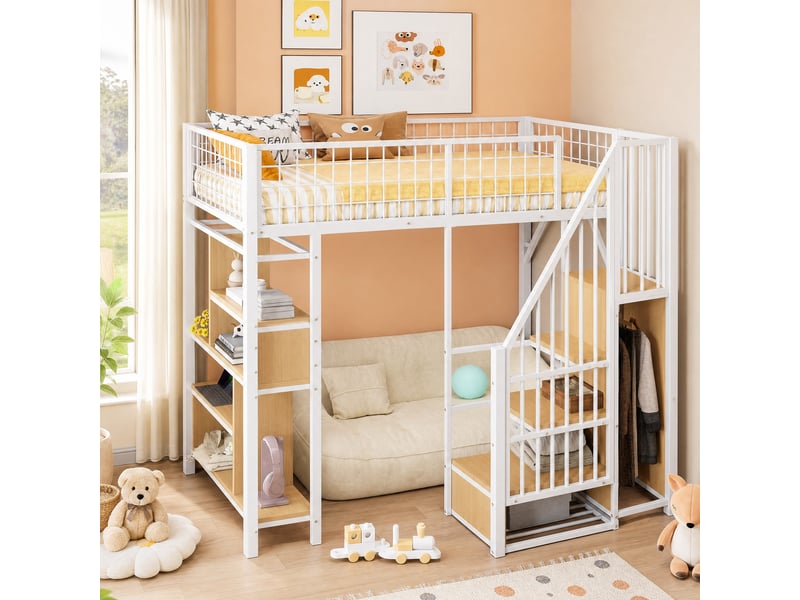  Lit mezzanine 200×90 cm avec escalier de rangement et espace ouvert sous le couchage, en métal et bois blanc  - Conforama B