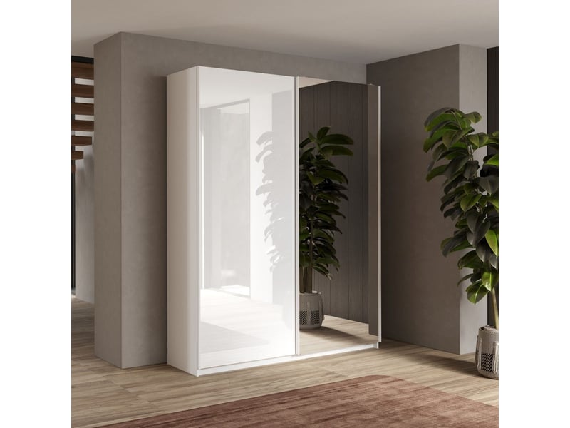 Armoire 2 portes coulissantes 180x210 cm 1 porte blanc laquée et 1 porte miroir - swam SWAM - Conforama D
