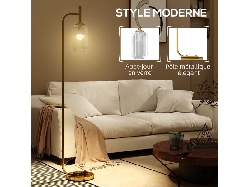  Lampadaire doré avec abat-jour en verre texturé, interrupteur au pied, 152 cm pour salon ou chambre  - Conforama D