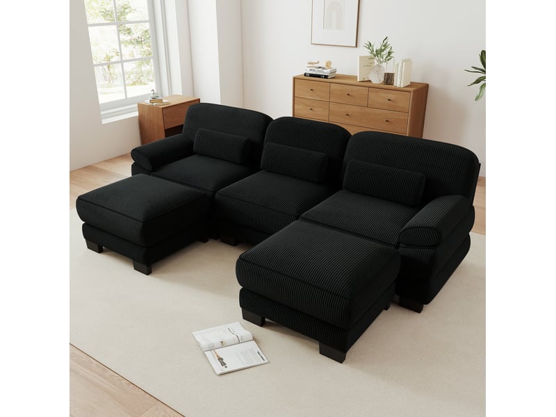 Canapé modulable 3 places tcqpz en u avec 2 poufs 265 x 161 x 94 cm velours côtelé noir - Conforama E