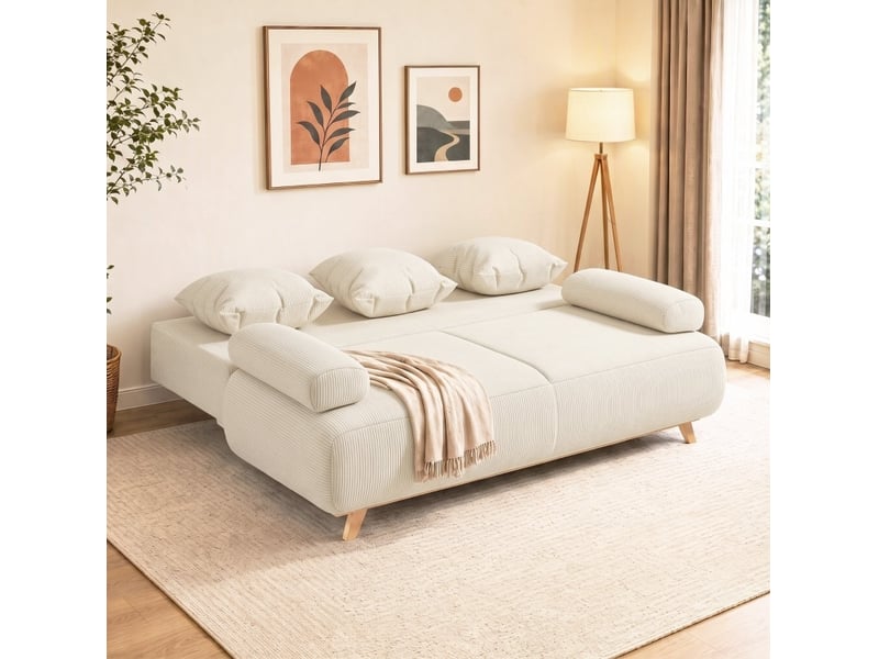  Canapé convertible 2 places avec dossier réglable, couchage et coffre de rangement en velours côtelé beige  - Conforama D