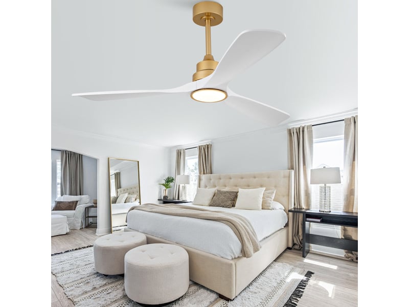  Ventilateur de plafond 52 avec lumière et télécommande, 3 pales bois, or + blanc  - Conforama B
