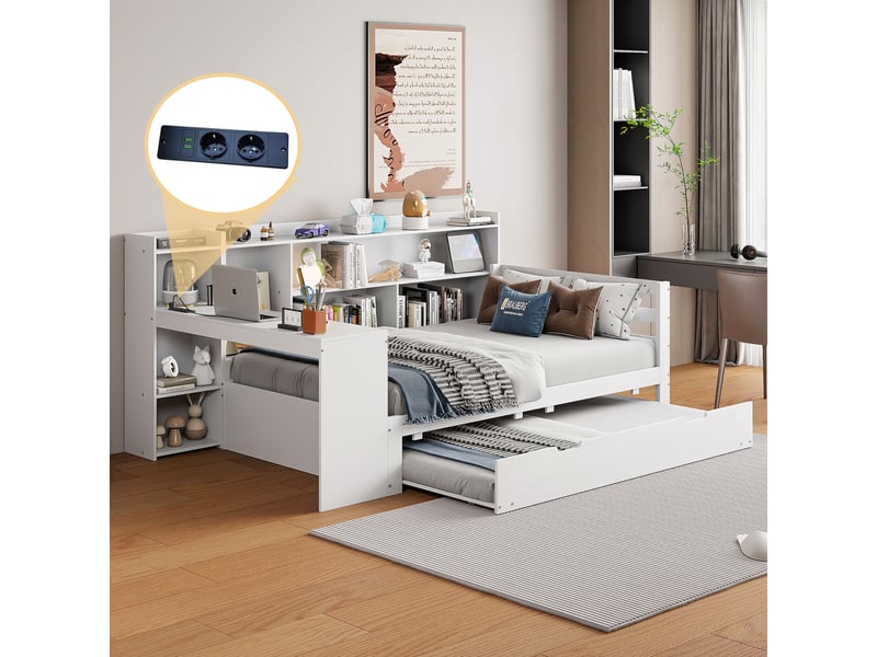  Canapé-lit en bois massif, 90 x 200 cm, avec bureau, étagères, compartiments et rangements, prise électrique, lit gigogne sous le lit, lit multifonctionnel en bois, blanc  - Conforama B