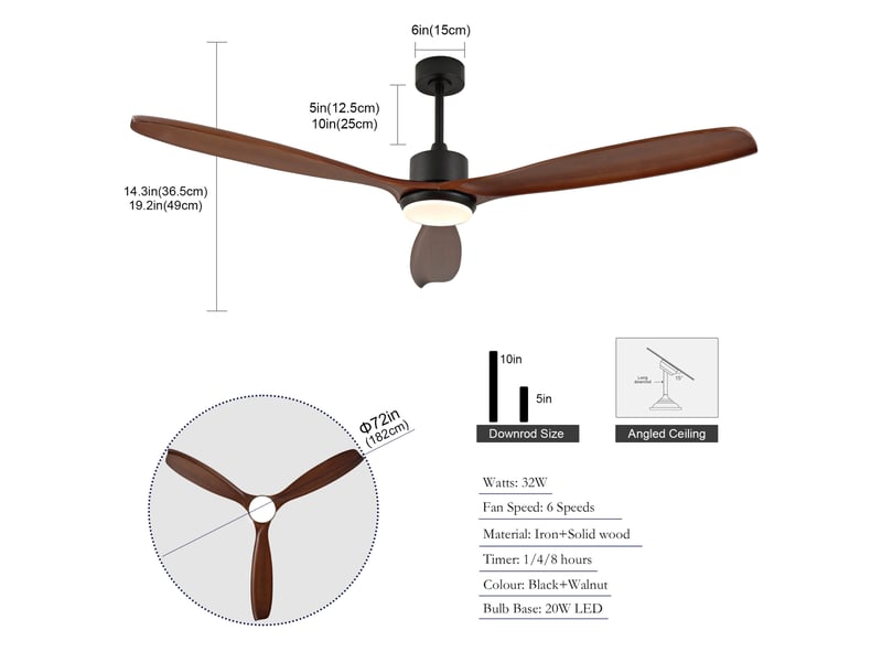  Ventilateur de plafond 70 pouces à led, 3 pales en bois noir et bois foncé, moteur dc silencieux à 6 vitesses  - Conforama C