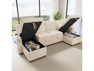 Canapé d'angle panoramique convertible <strong></strong> <strong>Morn Vibe</strong> 4 places Tissu beige avec coffre de rangement