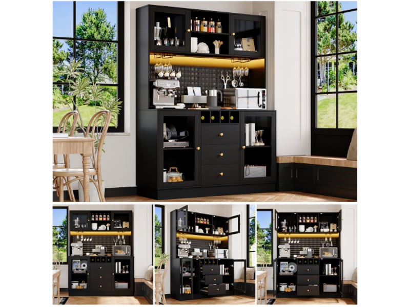  Meuble haut noir moderne avec led intelligent – placard cuisine et salon, armoire porte-bouteilles, étagères réglables  - Conforama B