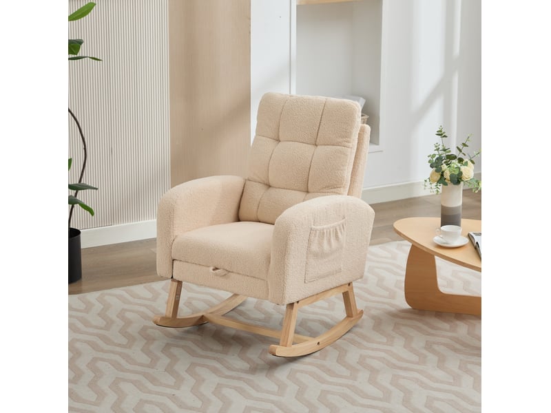  Fauteuil à bascule 132 x 50 x 99 cm beige en tissu bouclé, repose-pieds coulissant et poche latérale  - Conforama B