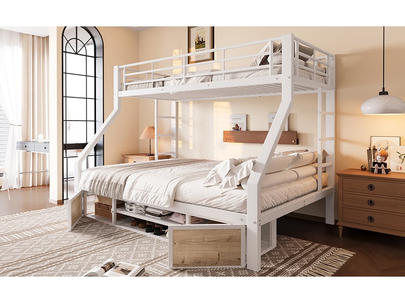 Lit superposé blanc 90x200 cm + 140x200 cm avec rangements, placard à chaussures, garde-corps et échelle - Conforama B