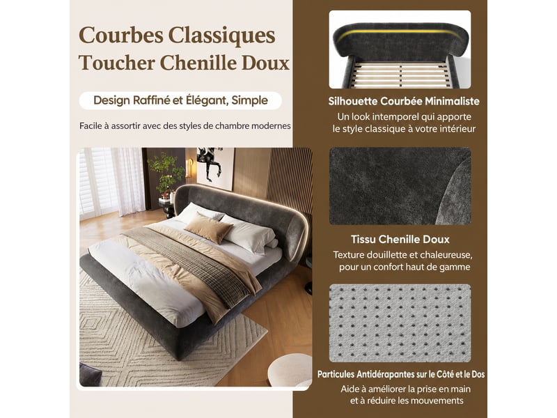  Lit en tissu chenille gris, rembourré, avec sommier et tête de lit, 180 x 200 cm  - Conforama E