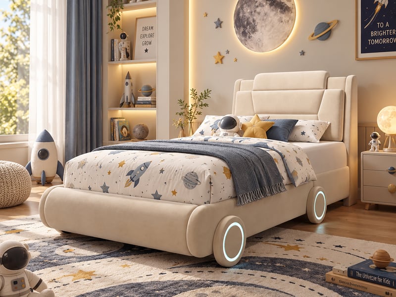  Lit voiture 90 × 200 cm, tête rembourrée réglable sur 2 hauteurs et roues lumineuses, revêtement doux en velours, beige  - Conforama B