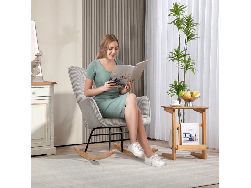 Fauteuil à bascule relax avec dossier haut capitonné, accoudoirs et patins en hêtre, en polyester gris clair - Conforama B