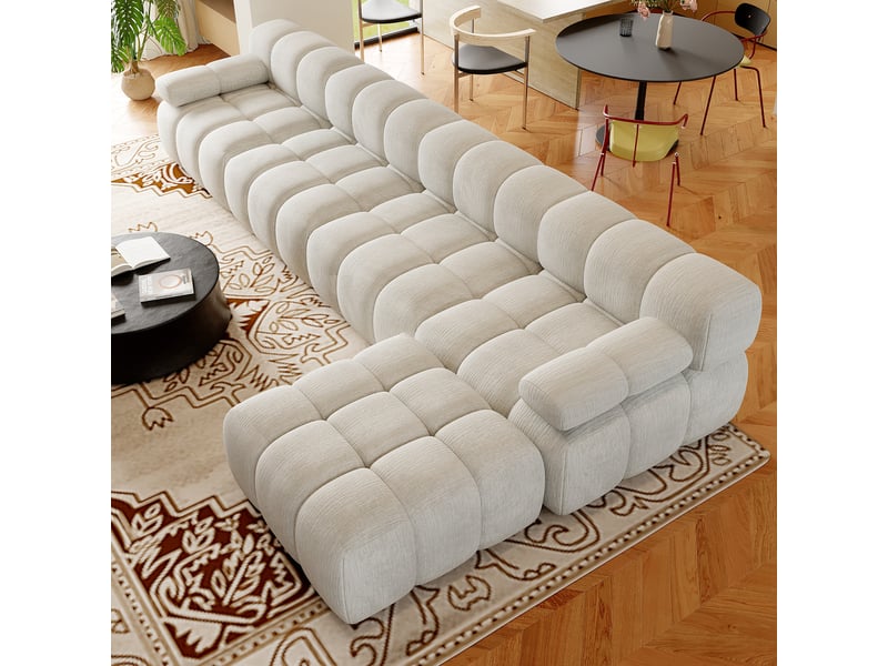  Canapé d’angle en l 5 places 400x200x68 cm sans structure, sans montage, mousse haute résilience, assise profonde, tissu chenille blanc  - Conforama C