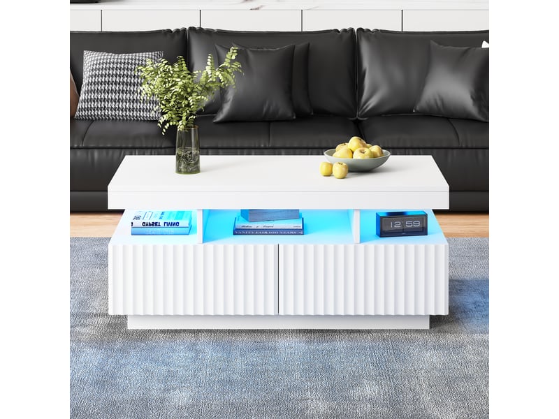  Table basse blanche 100x50x45 cm avec led, table de salon avec led, 2 tiroirs à rayures verticales, design minimaliste  - Conforama E