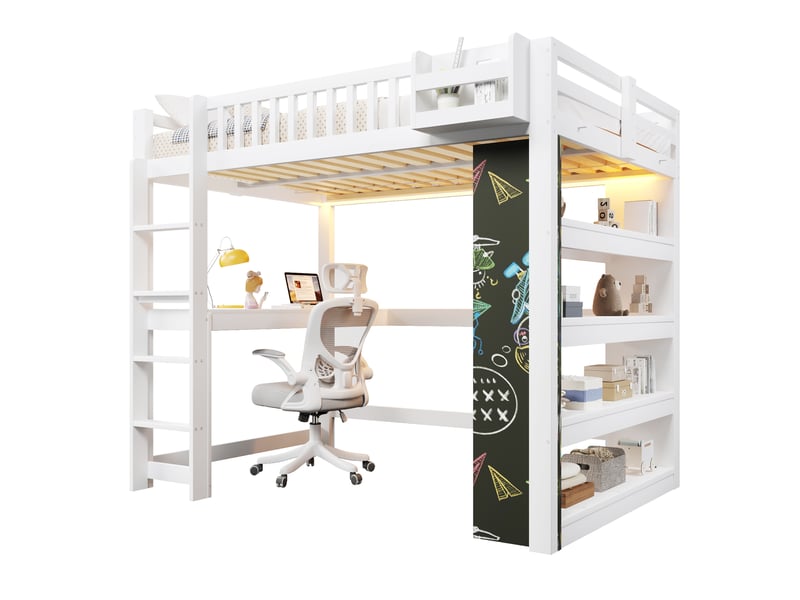 Lit mezzanine, 140 × 200 cm, blanc, bois de pin, rangement intégré, sans matelas, étagères de rangement, bureau intégré - Conforama A