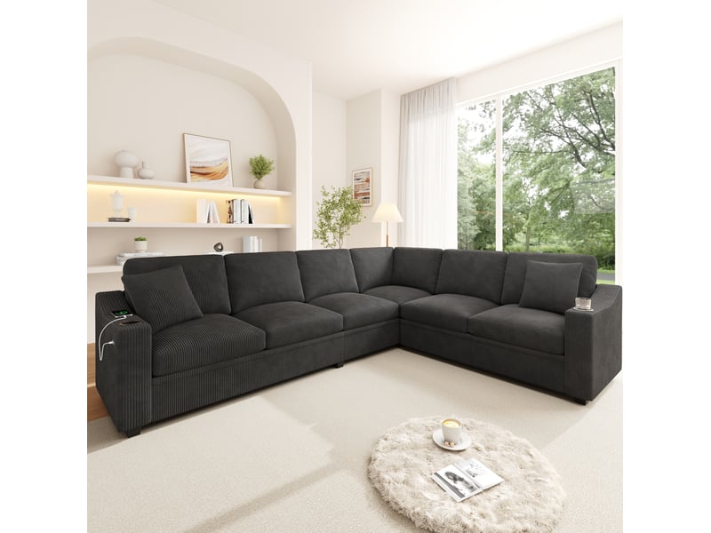  Canapé d’angle modulaire 277 x 215 x 85 cm, 6 places, usb type-c, 2 porte-gobelets, 2 coussins, velours côtelé gris  - Conforama B