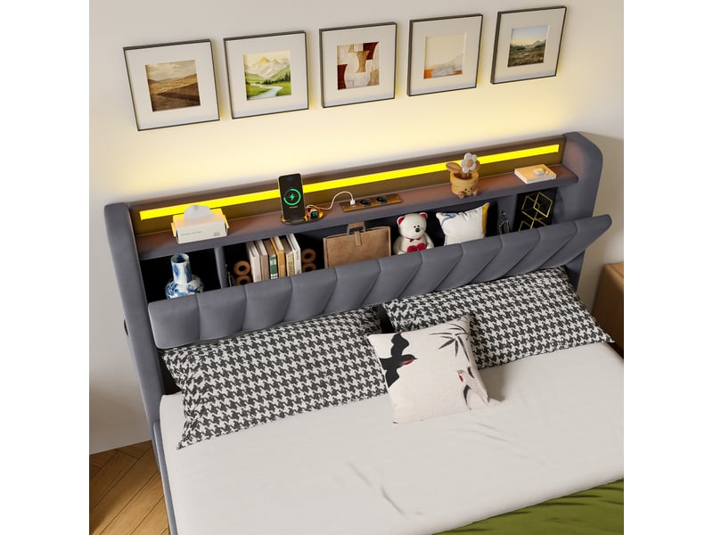  Lit coffre ulevr 160x200 cm avec led et port usb, cadre rembourré en velours gris foncé  - Conforama E