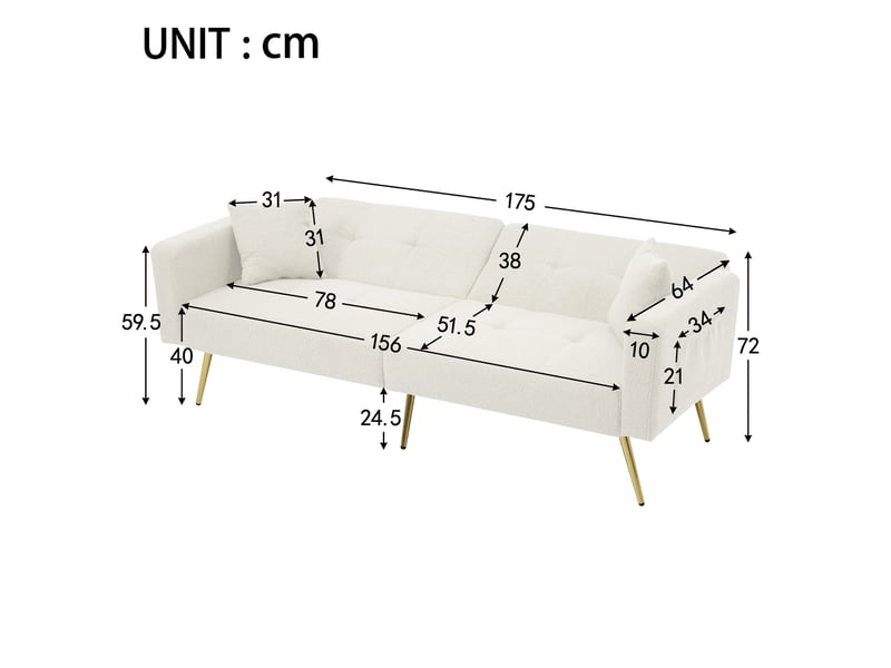  Canapé 2 places en peluche d’agneau,canapé-lit pliant réglable - pieds en métal + poches de rangement - 2 coussins - 175x64x72cm - blanc 175x64x72cm - Conforama E