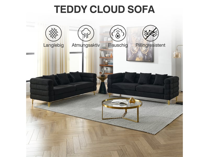 Canapé nuage noir en tissu bouclette, 205,7 x 81 x 71 cm, pieds en métal doré, coussins décoratifs, dossier ondulé - Conforama B