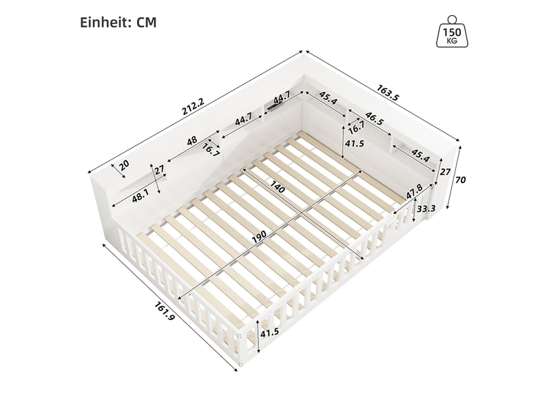  Lit enfant 140x190cm, sommier, garde-corps, tête de lit, port usb, rangement inclus, aggloméré, blanc, sans matelas  - Conforama C
