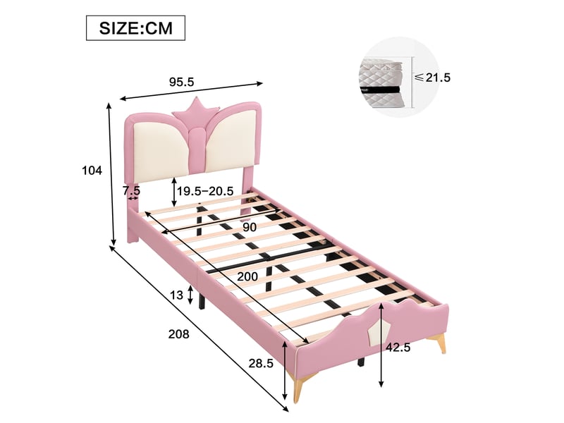  Lit enfant simple 90×200 cm tête de lit couronne et bords antichoc  - sans matelas, pu rose et blanc  - Conforama D