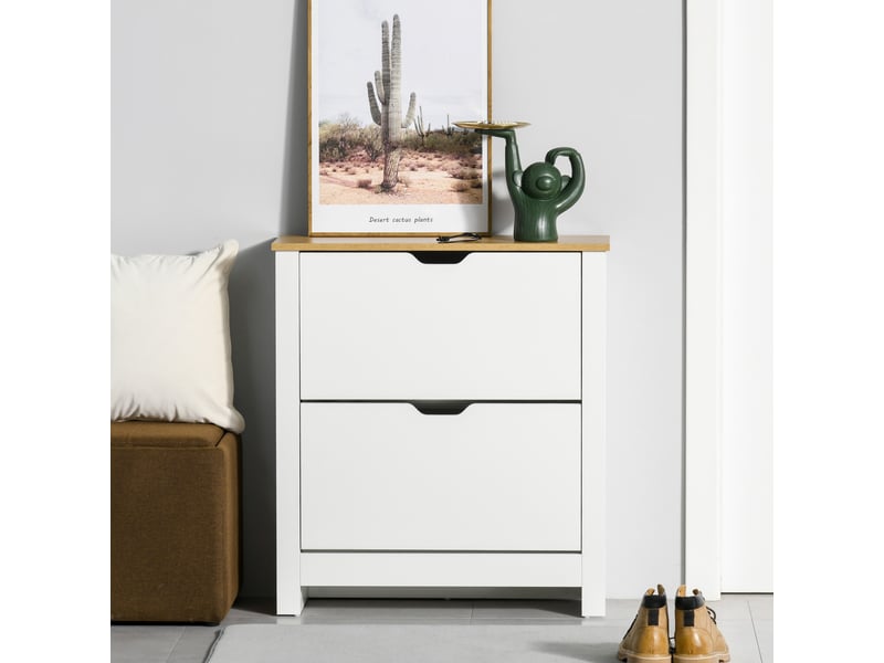  Meuble à chaussures 12 paires, armoire à chaussures étroite avec 2 tiroirs rabattables et étagères réglables, style moderne, pour couloir, entrée, blanc et bois naturel, 72 x 26 x 80 cm  - Conforama A