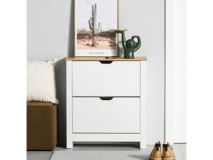 Meuble à chaussures 12 paires, armoire à chaussures étroite avec 2 tiroirs rabattables et étagères réglables, style moderne, pour couloir, entrée, blanc et bois naturel, 72 x 26 x 80 cm