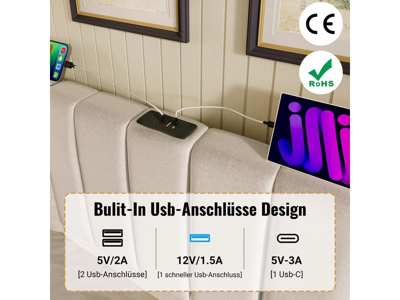 Lit coffre 180x200, grand rangement lit double, ouverture hydraulique assistée, led 360°, ports usb usb-c, matelas 7 zones h3 inclus, revêtement lin beige - Conforama E