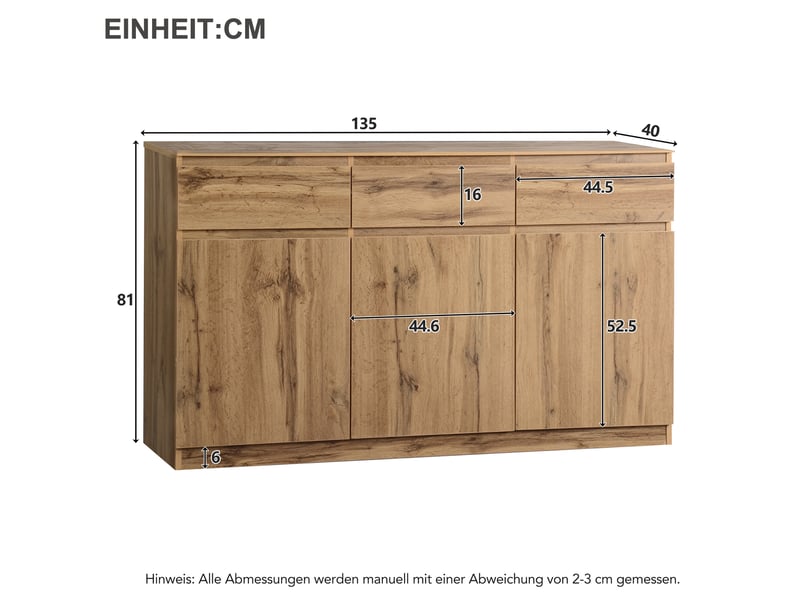  Buffet 3 portes et 3 tiroirs en bois naturel, avec rangements et étagères réglables, 135 x 40 x 81 cm  - Conforama E