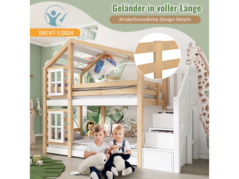 Lit superposé cabane enfant 200×90 cm avec escalier de rangement et protection antichute, sans matelas, bois et mdf blanc et naturel - Conforama E