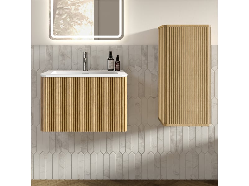 Meuble sous vasque avec meuble latéral suspendu, vasque blanche et rangement pour salle de bain moderne en mdf effet chêne - Conforama B