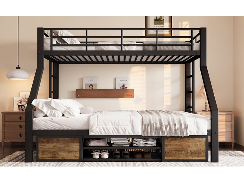  Lit superposé noir 90x200 et 140x200 cm, avec rangements, garde-corps et échelle sécurisée - sans matelas  - Conforama E