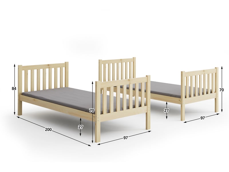  Lit superposé 3 places kacper 90x200 cm + lit tiroir 80x190 cm interbeds - bois massif de pin - pin naturel  - Conforama E