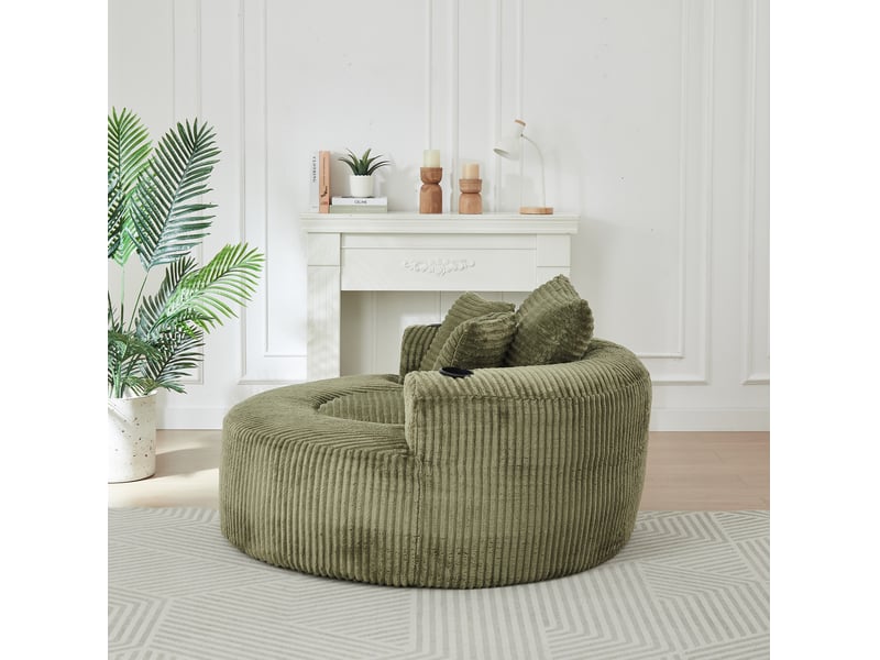  Fauteuil pouf rond avec 3 coussins amovibles, 2 porte-gobelets et poches latérales en velours côtelé vert  - Conforama D