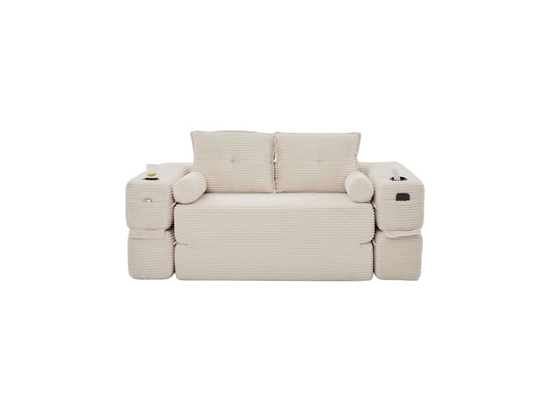 Canapé convertible 2 places en velours côtelé beige avec poches latérales et porte-gobelet - Conforama A
