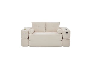 Canapé convertible 2 places en velours côtelé beige avec poches latérales et porte-gobelet