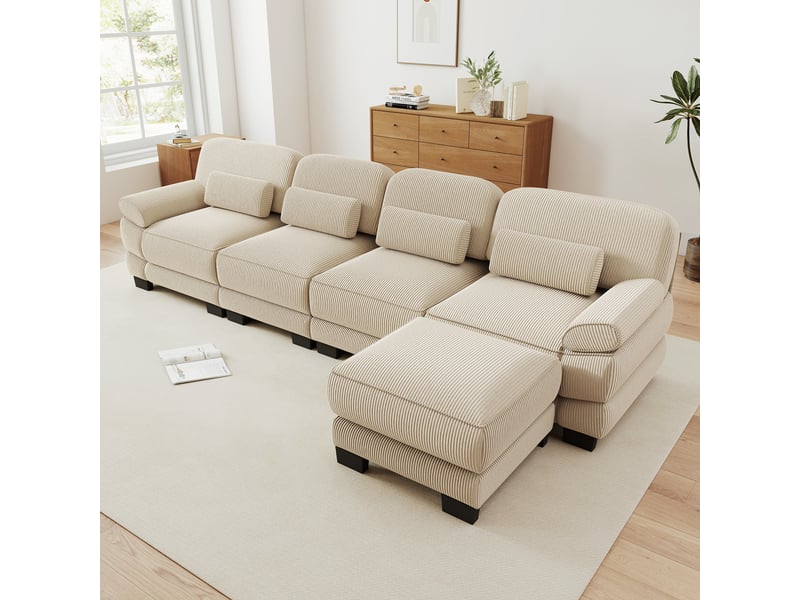 Canapé d'angle modulable - 4 places - forme l - 1 ottoman - assise profonde - velours côtelé - mobilier de salon - beige CozyNest - Conforama C