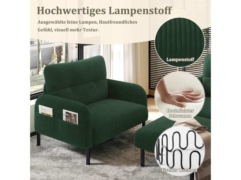  Canapé 2 places en velours côtelé vert émeraude avec fauteuil et pouf modulables pour salon  - Conforama R