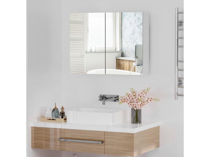  Armoire murale salle de bain avec miroir, 80 x 15 x 60 cm, meuble salle de bain, blanc, armoire de toilette avec double portes et étagères réglables  - Conforama A