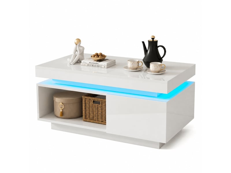  Table basse avec tiroir et led pour salon 100×50×40,3 cm en panneaux de particules blanc brillant  - Conforama A