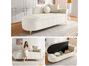 Chaise longue 134x64x70 cm - fauteuil lounge avec rangement - dossier ondulé moderne - tissu effet mouton - coussin lombaire et cervical - beige