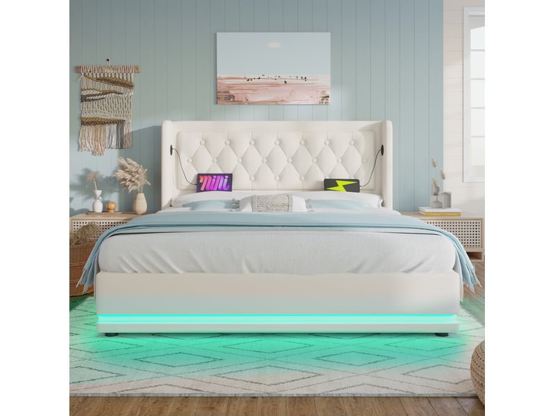  Lit coffre 160x200 cm blanc en pu avec led 3 côtés, usb type-c, tête capitonnée  - Conforama E