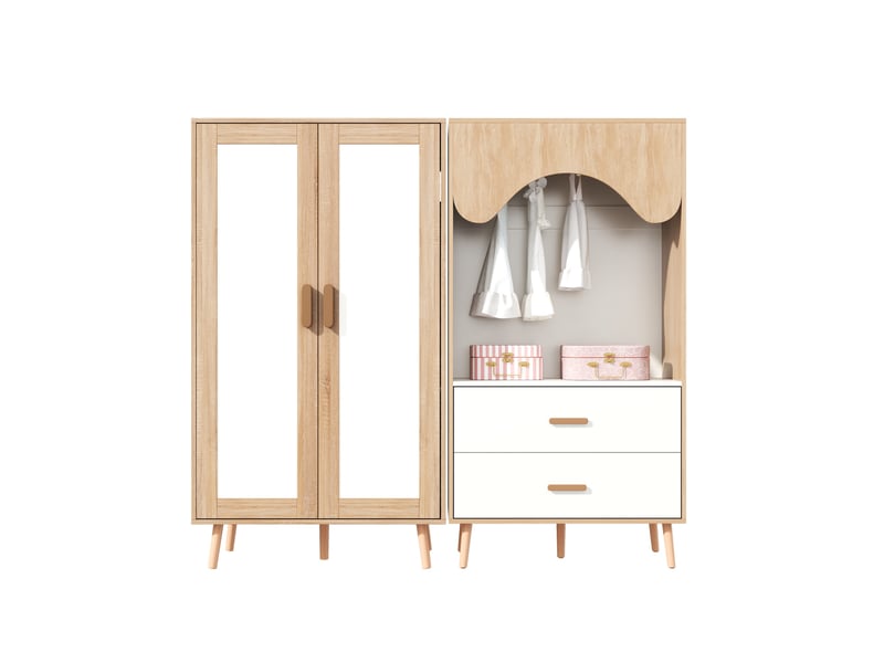  Ensemble armoire enfant 2 portes et ouverte, penderie et tiroirs, blanc et bois naturel  - Conforama E