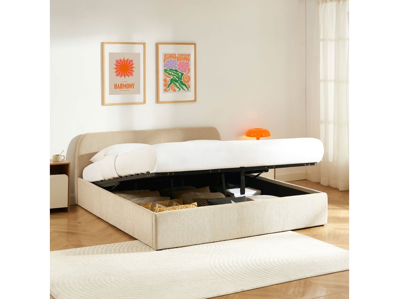  Lit coffre gela 180x200 tissu chenille beige sommier inclus  - Conforama D